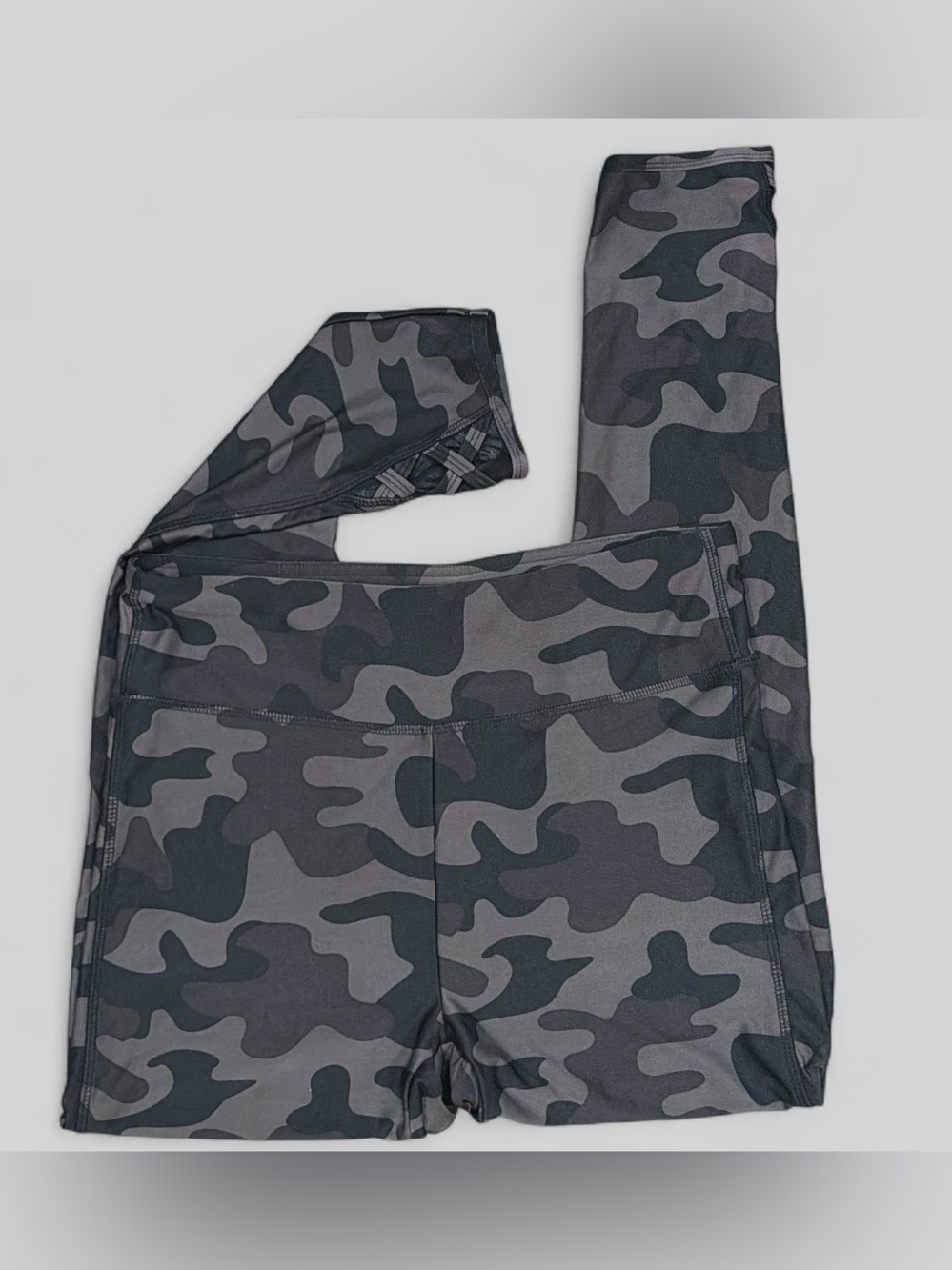26 International Women's Gray Camo Leggings w/ Criss Cross Detail on Ankle